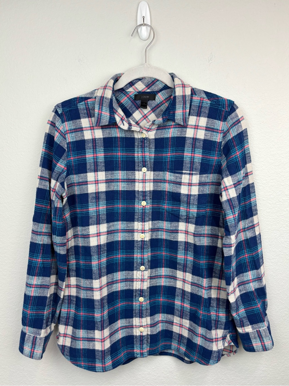 J. Crew 100% Cotton Blue Cream Plaid Button Down Flannel Size 4 Fall Layering